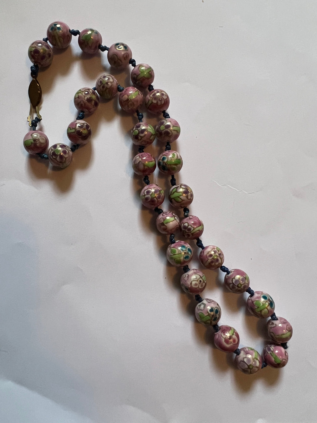 Vintage Pink Floral Cloisonné Bead Necklace