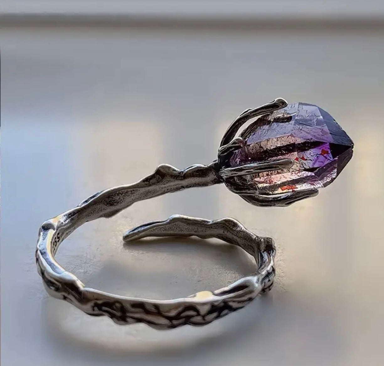 Amethyst Branch Claw Ring – Adjustable | S925 Sterling Silver