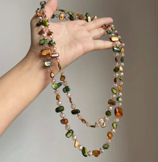 Earthy Green & Honey Crystal Beaded Necklace