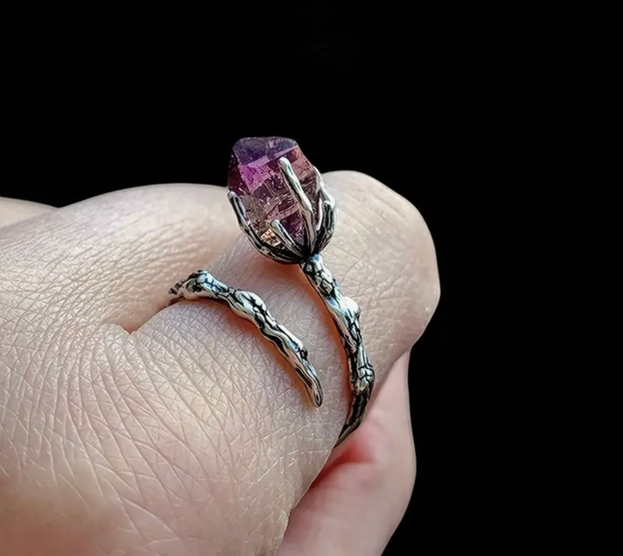 Amethyst Branch Claw Ring – Adjustable | S925 Sterling Silver