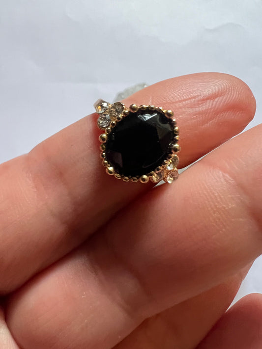 Faceted obsidian gold plated ring - size 6