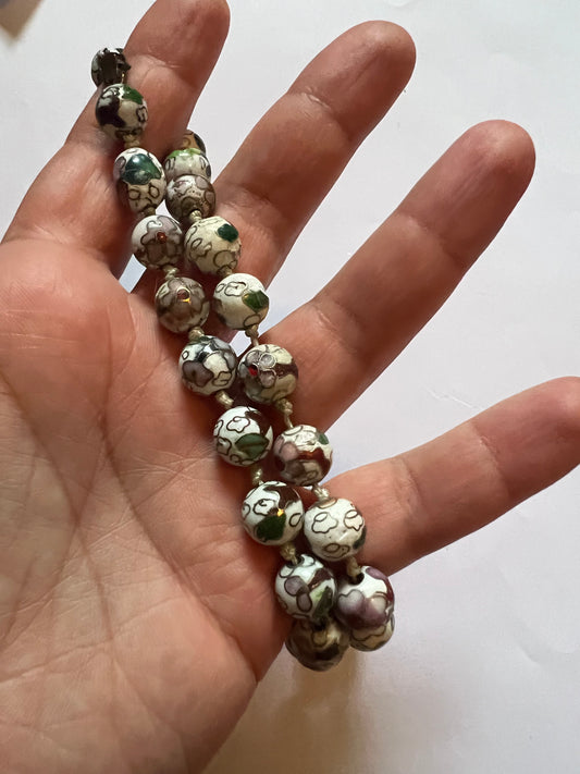 Handcrafted Vintage Cloisonné Bead Necklace in White and Green