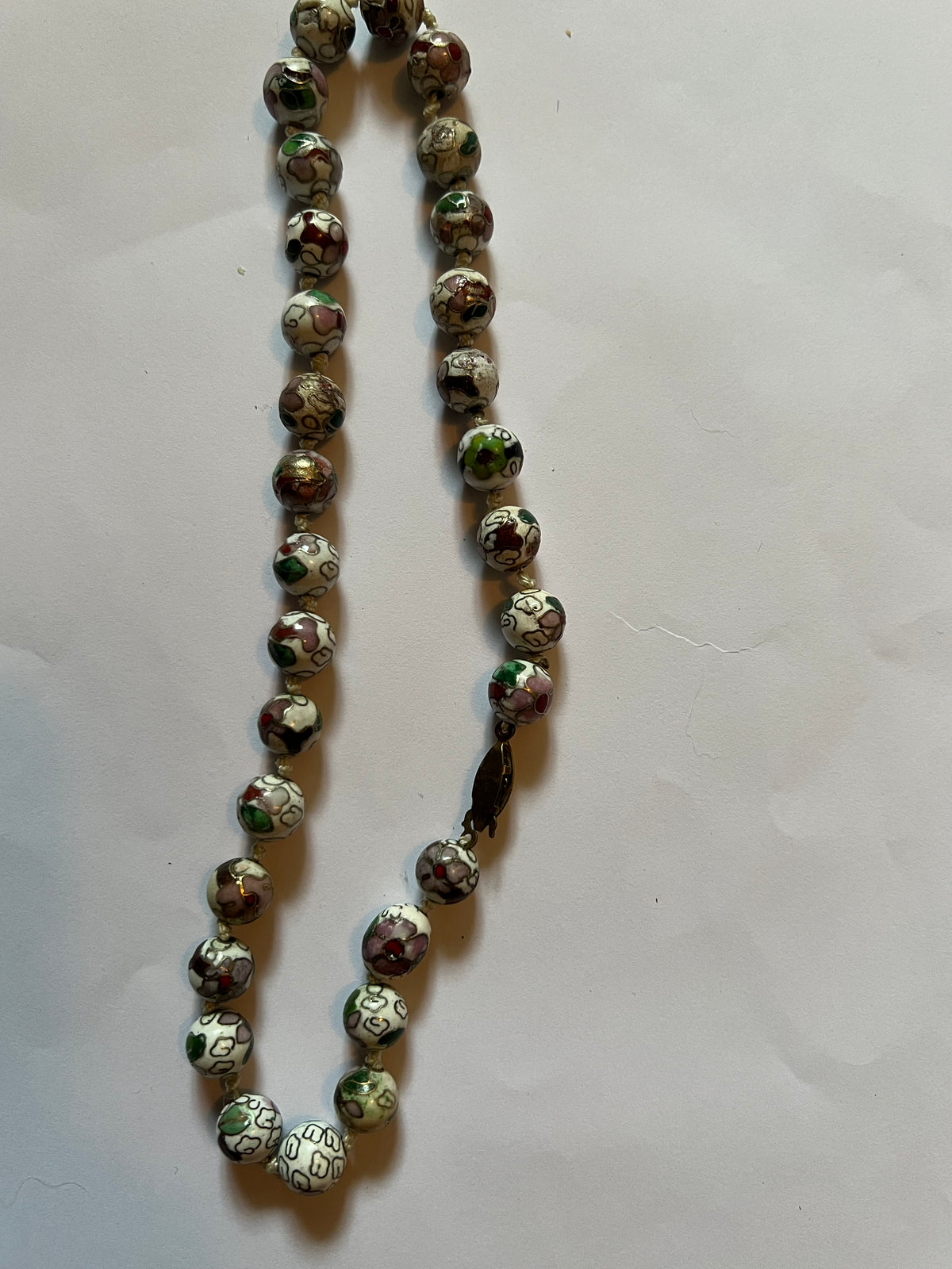 Handcrafted Vintage Cloisonné Bead Necklace in White and Green