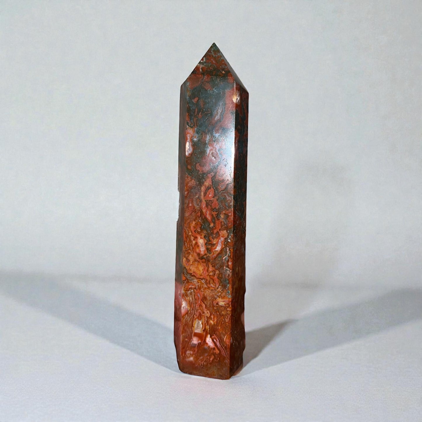 Red Moss Agate Tower with Natural Druzy Caves - Brazil