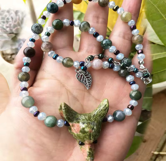 Unakite wolf necklace