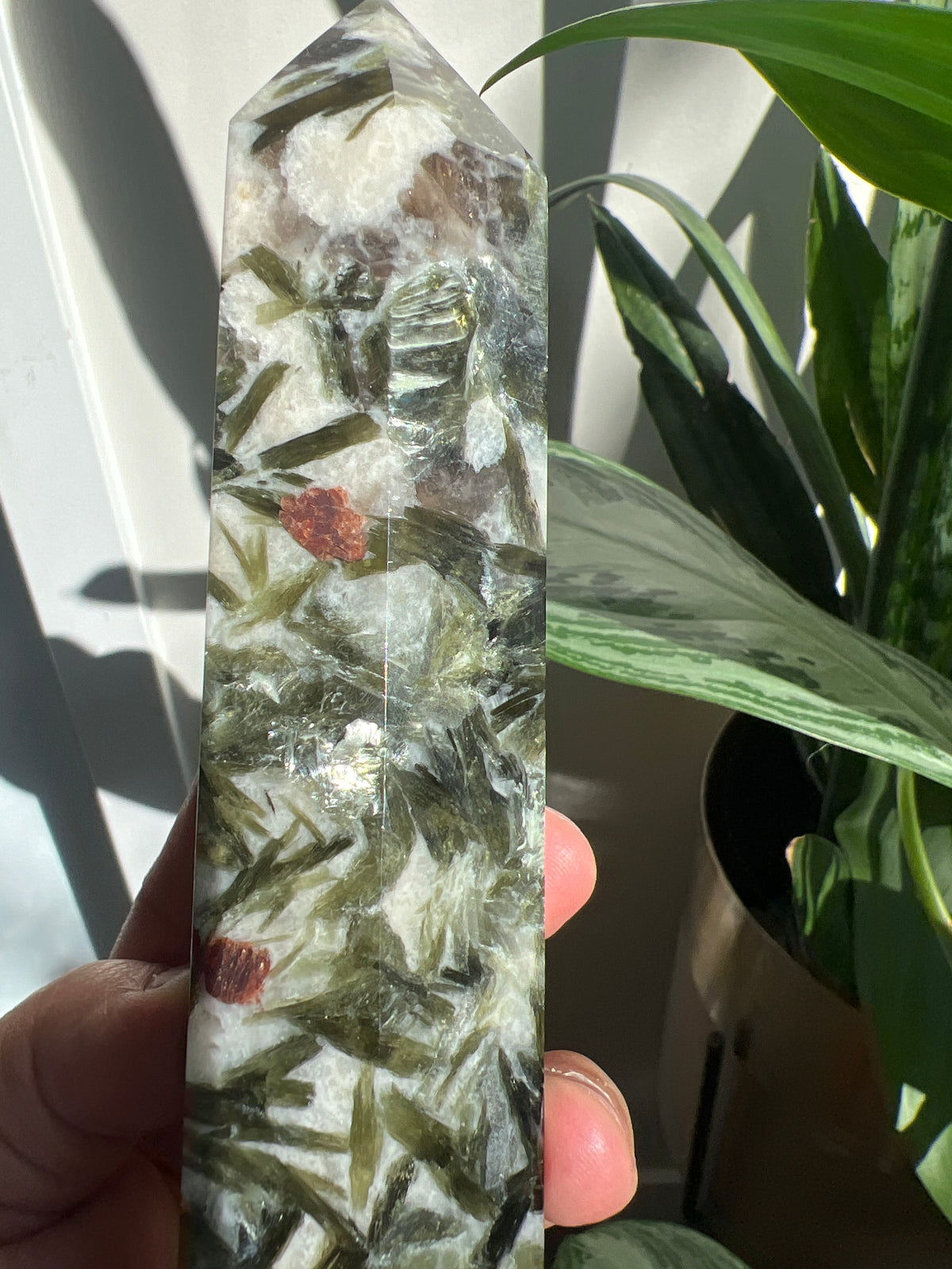 Green Tourmaline + Mica with Garnet Tower
