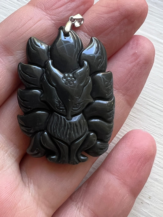 Rainbow obsidian fox pendant