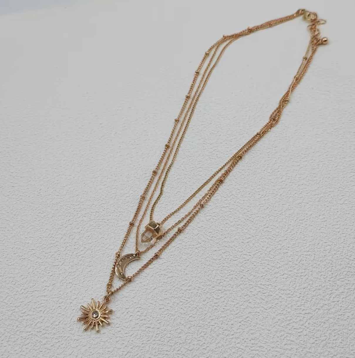 Celestial Layered Necklace – Sun, Moon & Clear Quartz Pendant