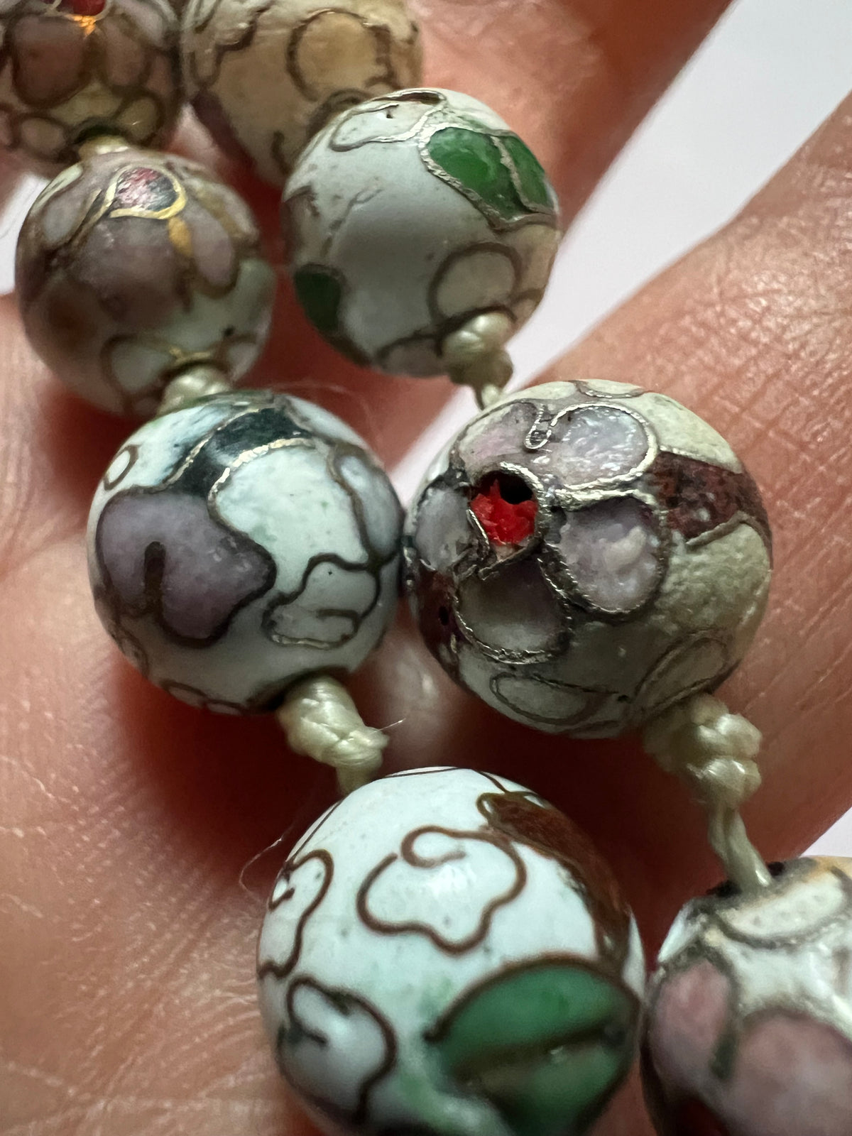 Handcrafted Vintage Cloisonné Bead Necklace in White and Green