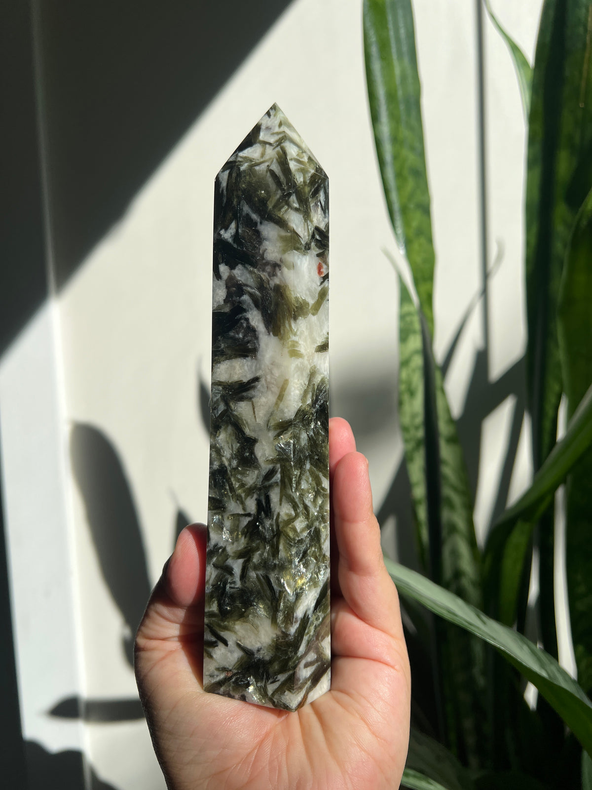 Green Tourmaline + Mica with Garnet Tower