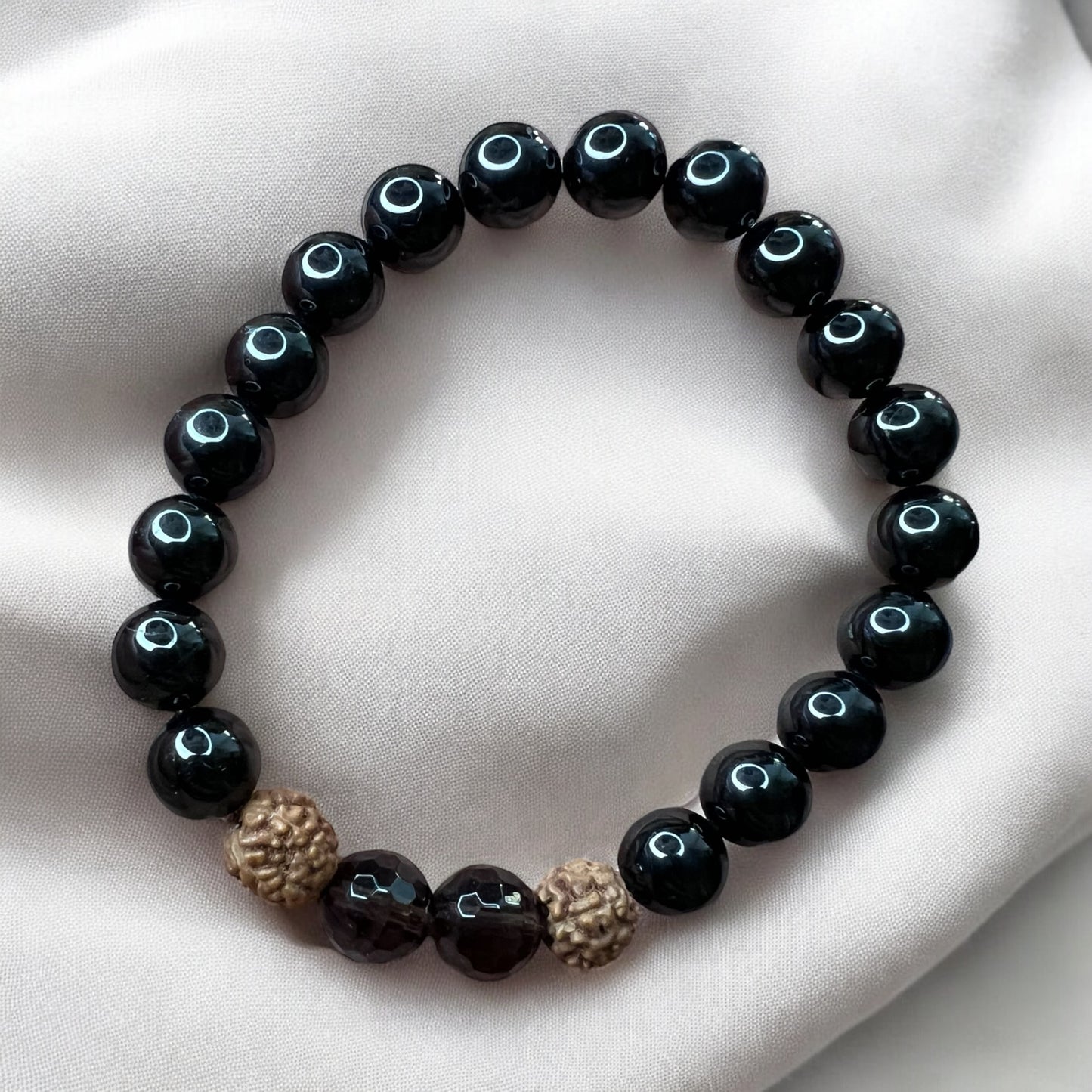 Obsidian +Smoky Quartz bracelet
