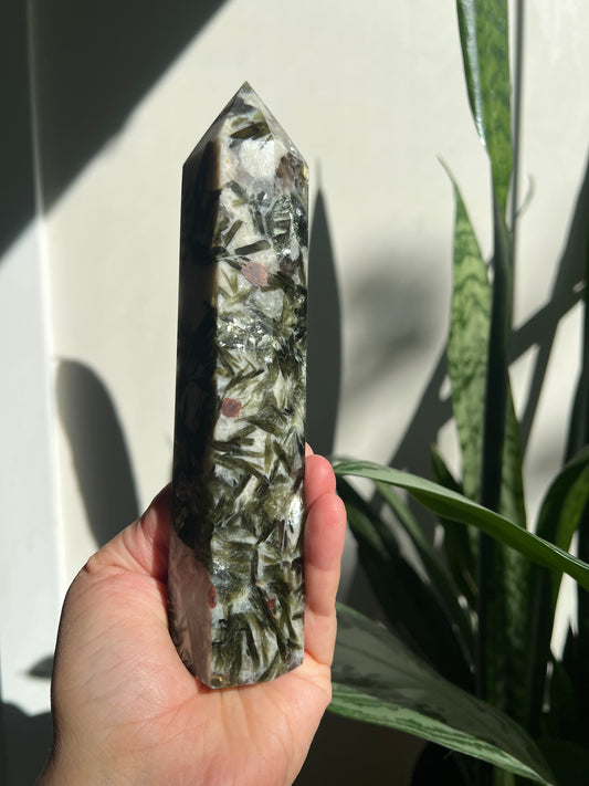 Green Tourmaline + Mica with Garnet Tower