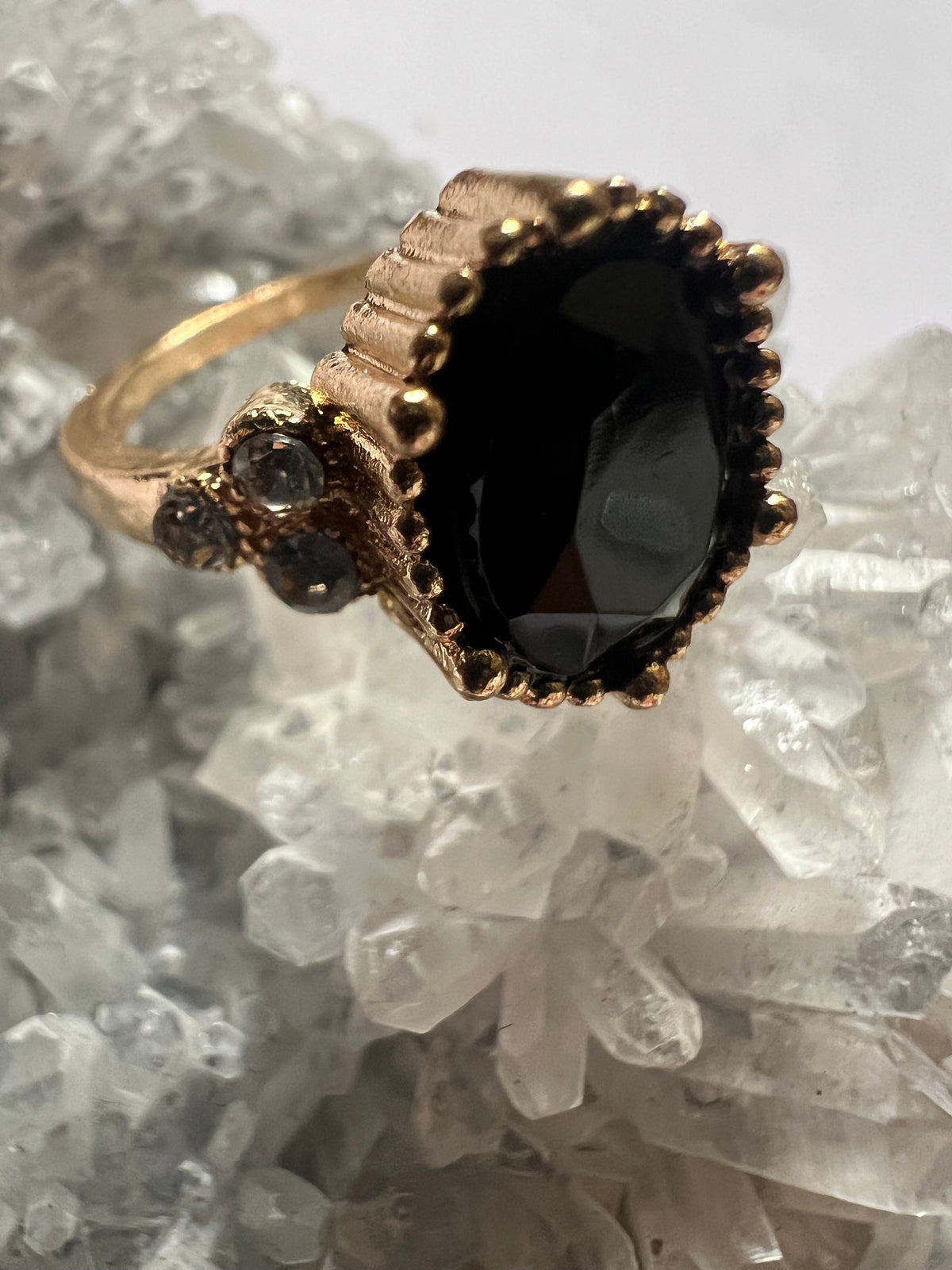 Faceted obsidian gold plated ring - size 6