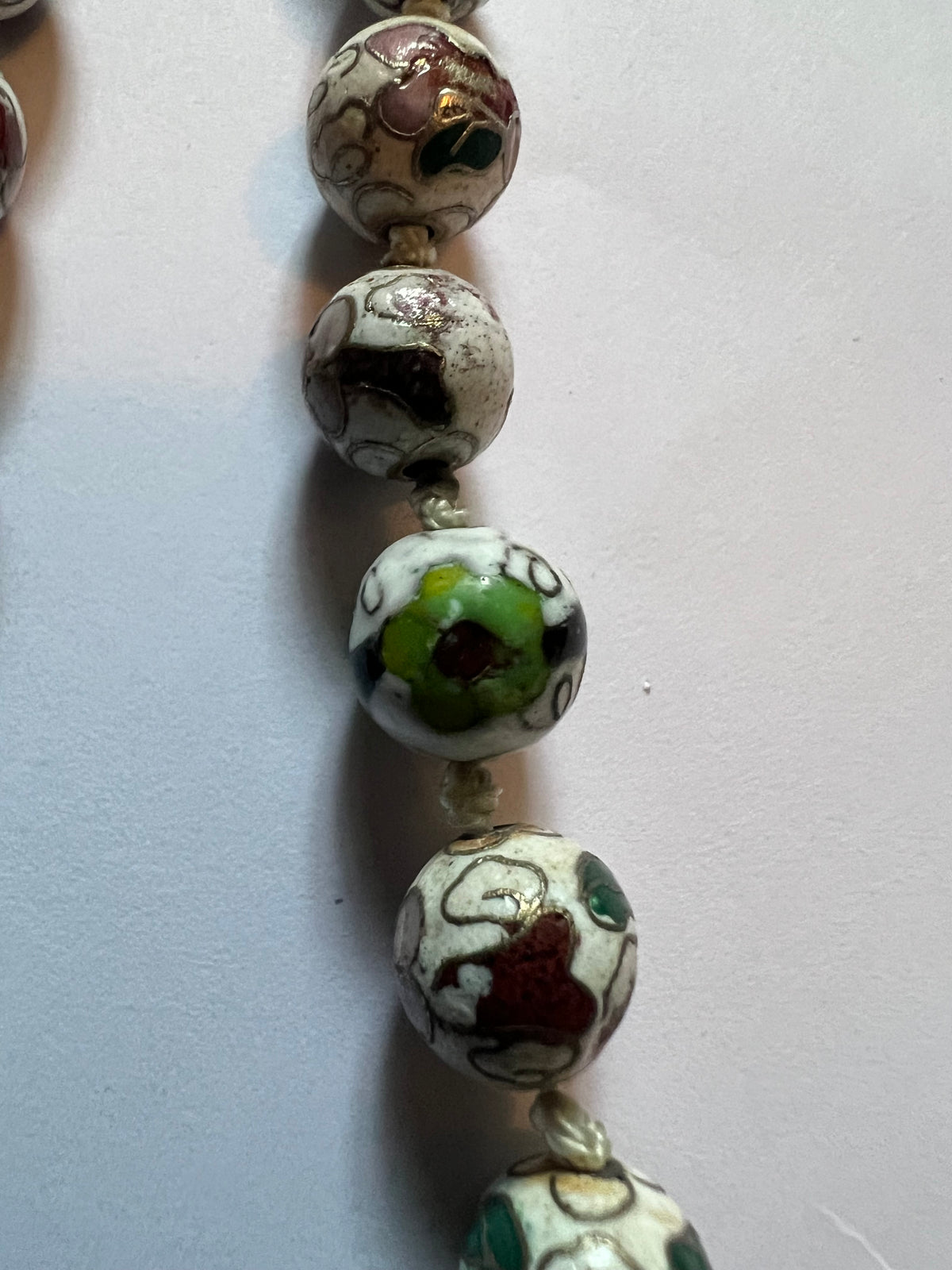Handcrafted Vintage Cloisonné Bead Necklace in White and Green