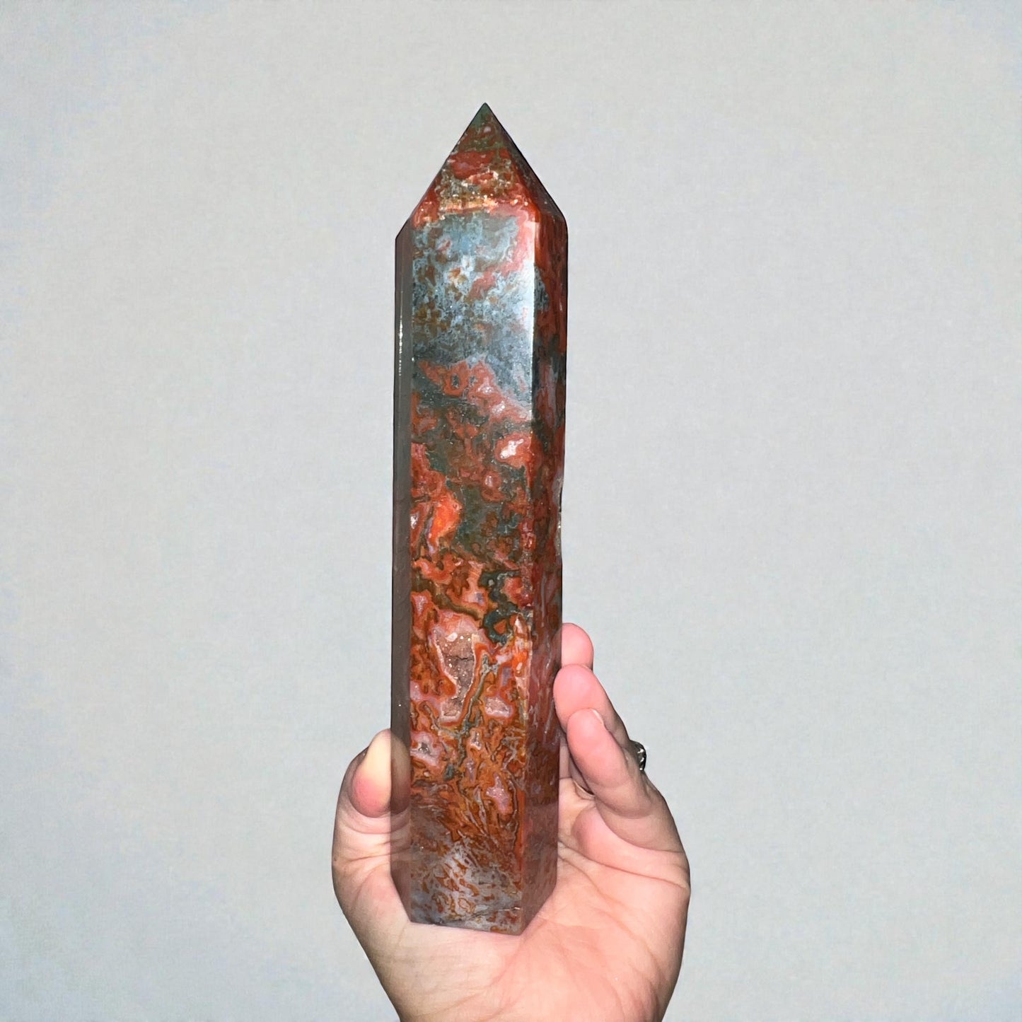 Red Moss Agate Tower with Natural Druzy Caves - Brazil