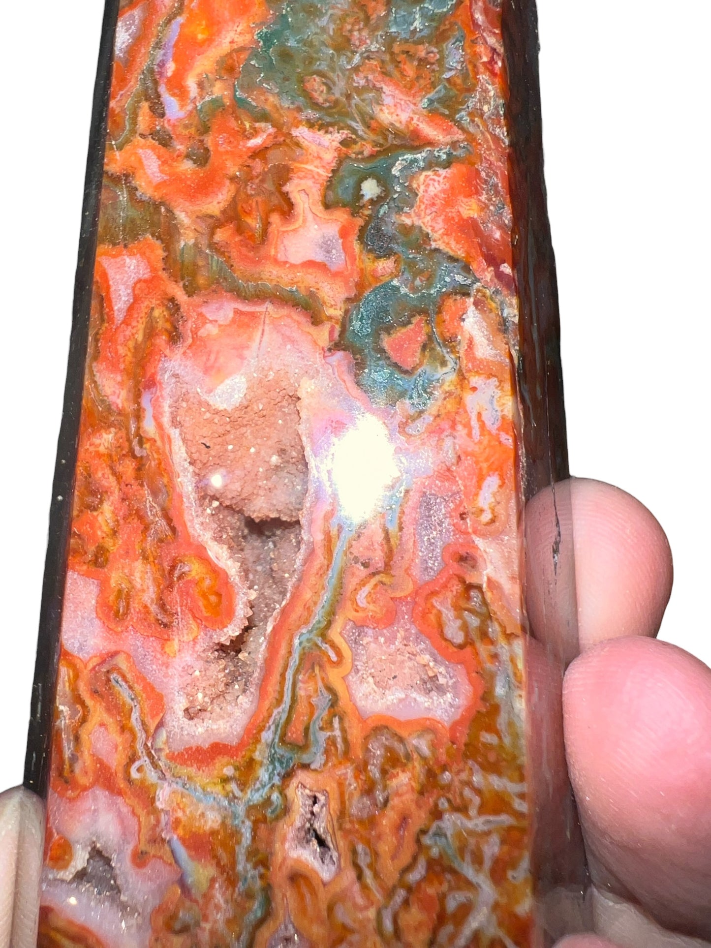 Red Moss Agate Tower with Natural Druzy Caves - Brazil