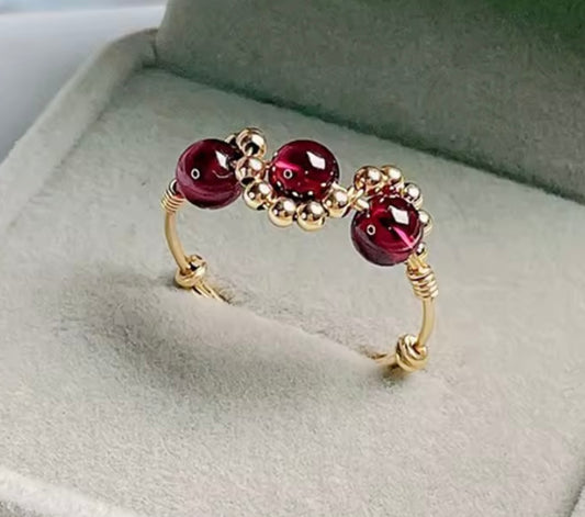 14K Gold-Filled Triple Garnet Beaded Ring – Stackable